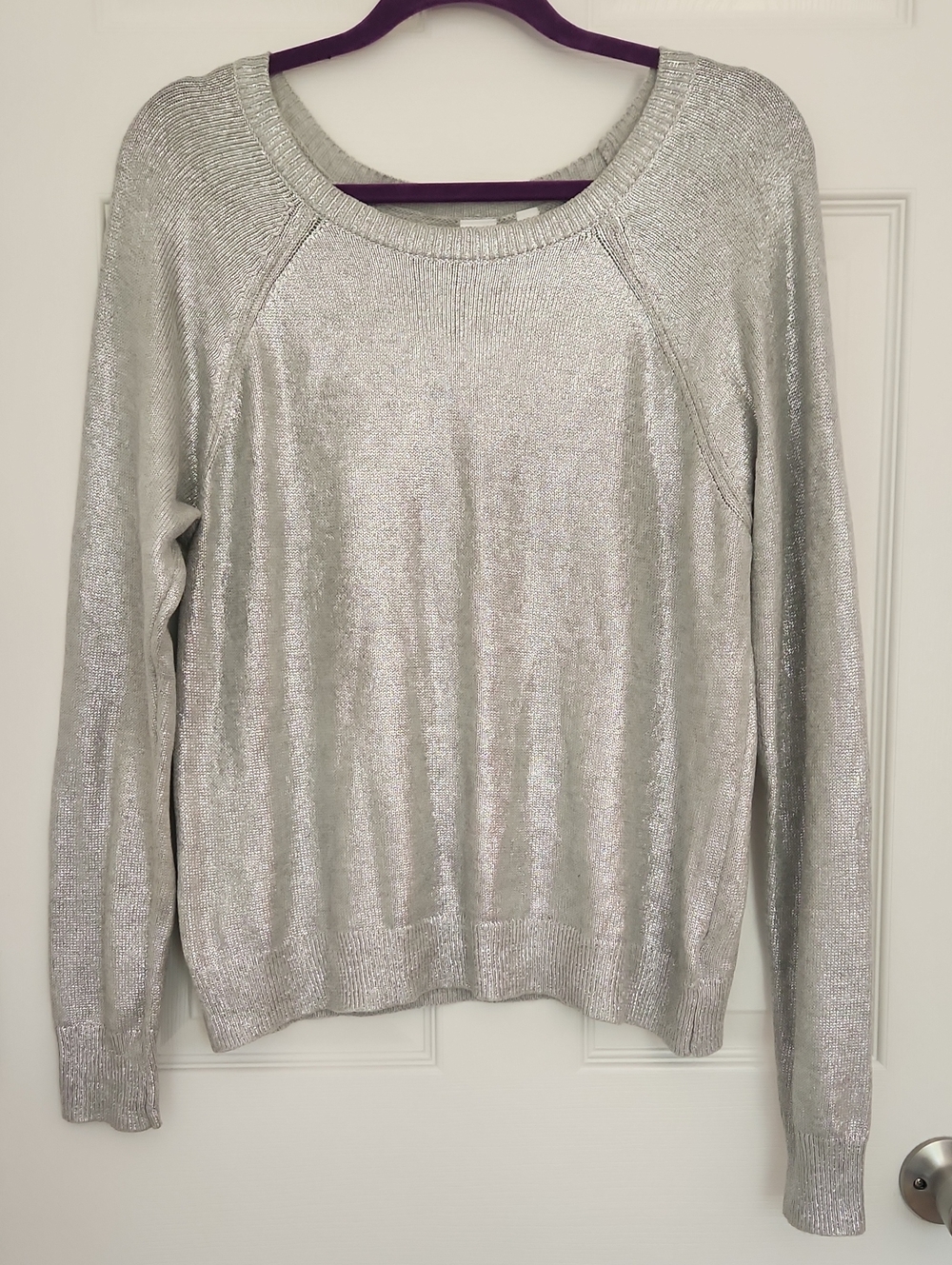 Cozy Work School Casual Glam Holiday GAP Silver Metallic Crewneck Sweater